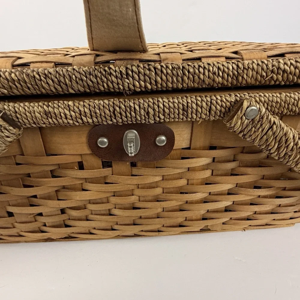 Vintage Woven Wicker Picnic Basket Floral Lined Cottagecore Boho Hamper